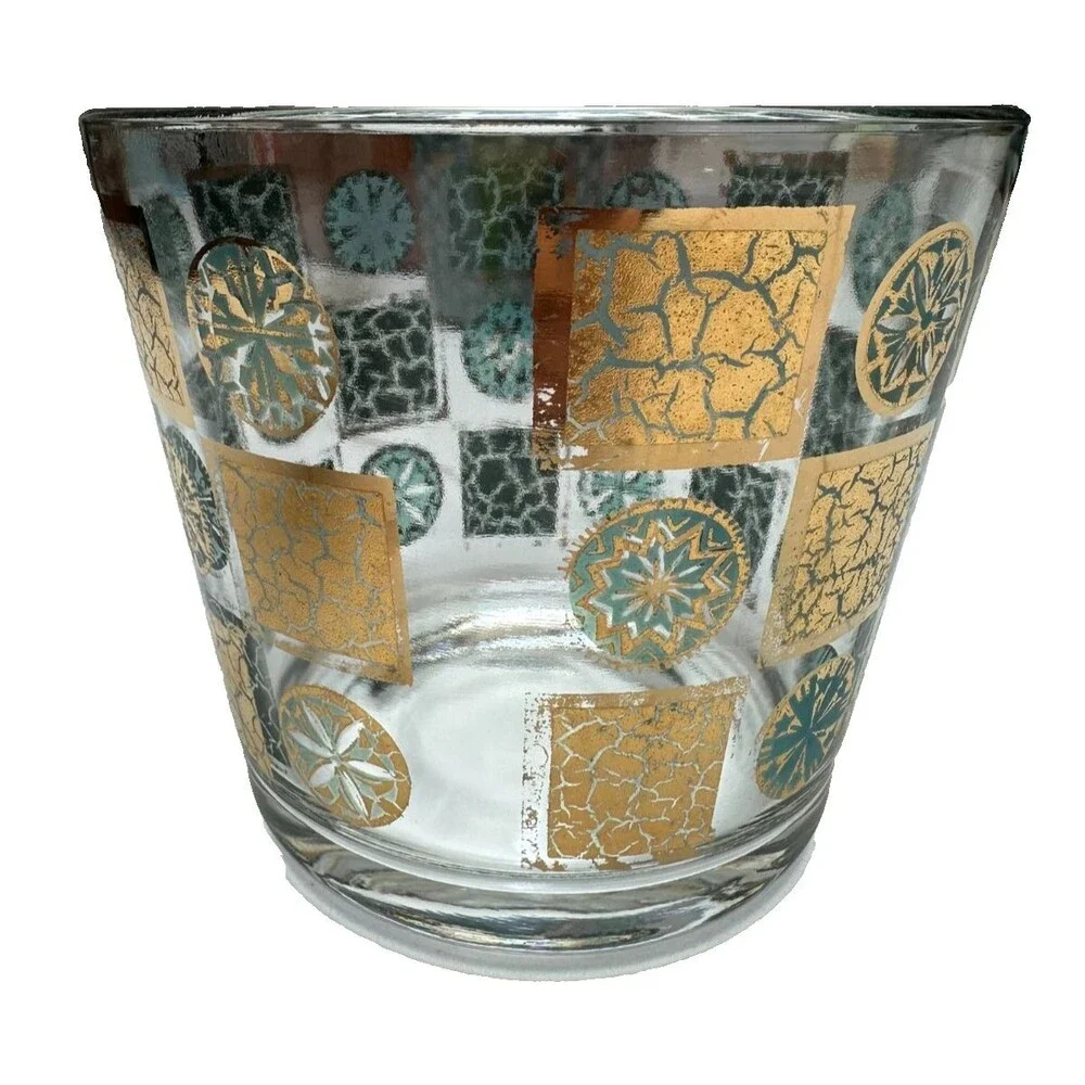 Vintage Culver Carnival Ice Bucket Gold Leaf Turquoise Glass Retro Mod 60s MCM